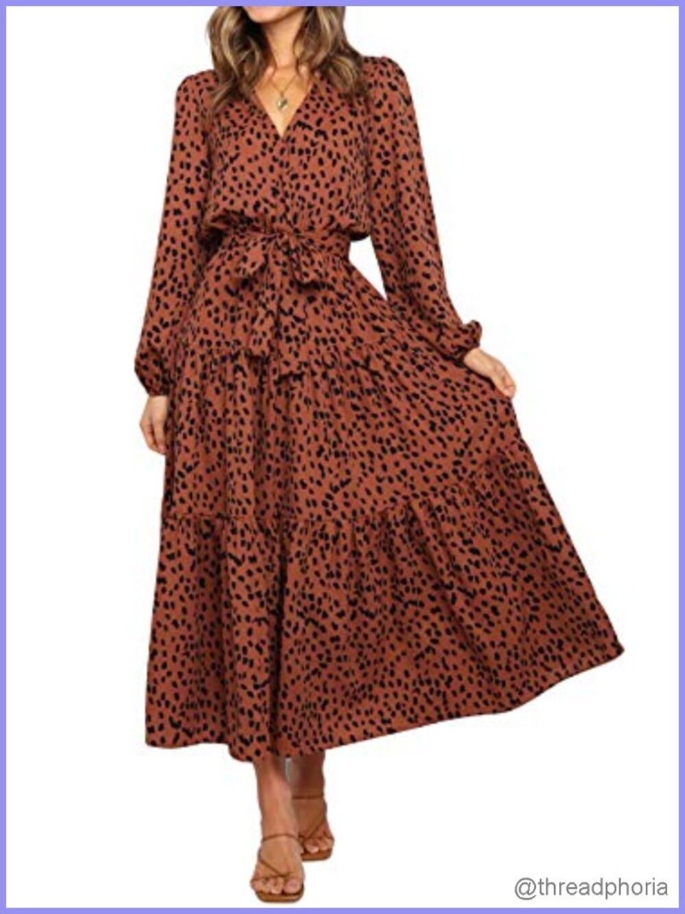 Women's Flowy Midi Dress Long Sleeve Wrap V Neck Ruffle Hem